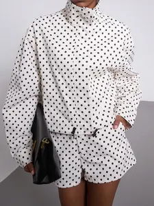 Women's Spring Fall Fashion European Style Stand Collar Vintage Polka Dot Long Sleeve Jacket Pilot Look Outerwear with Polka Dot Shorts Two-Piece Set Blazer Shorts Set