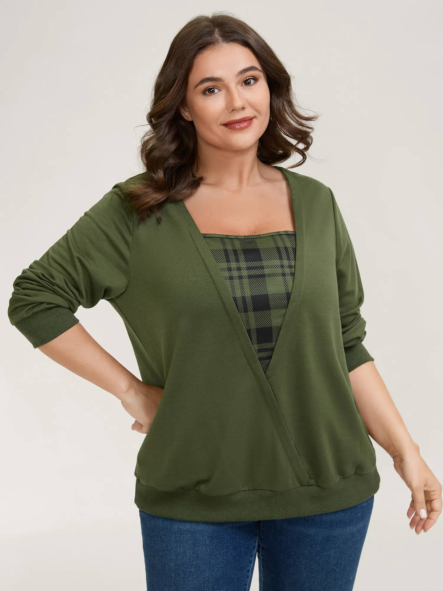 BloomChic Plus Size Casual Plaid Spliced Long Sleeve Wrap Sweatshirt with Square Neck and Contrast Binding, Tops, Hoodies & Sweatshirts, Fit, Lady, Polyester, Affordable Fashion, Style Inspo, Casual Fit, Medium Stretch, Basic Style, Regular Length, Elevat