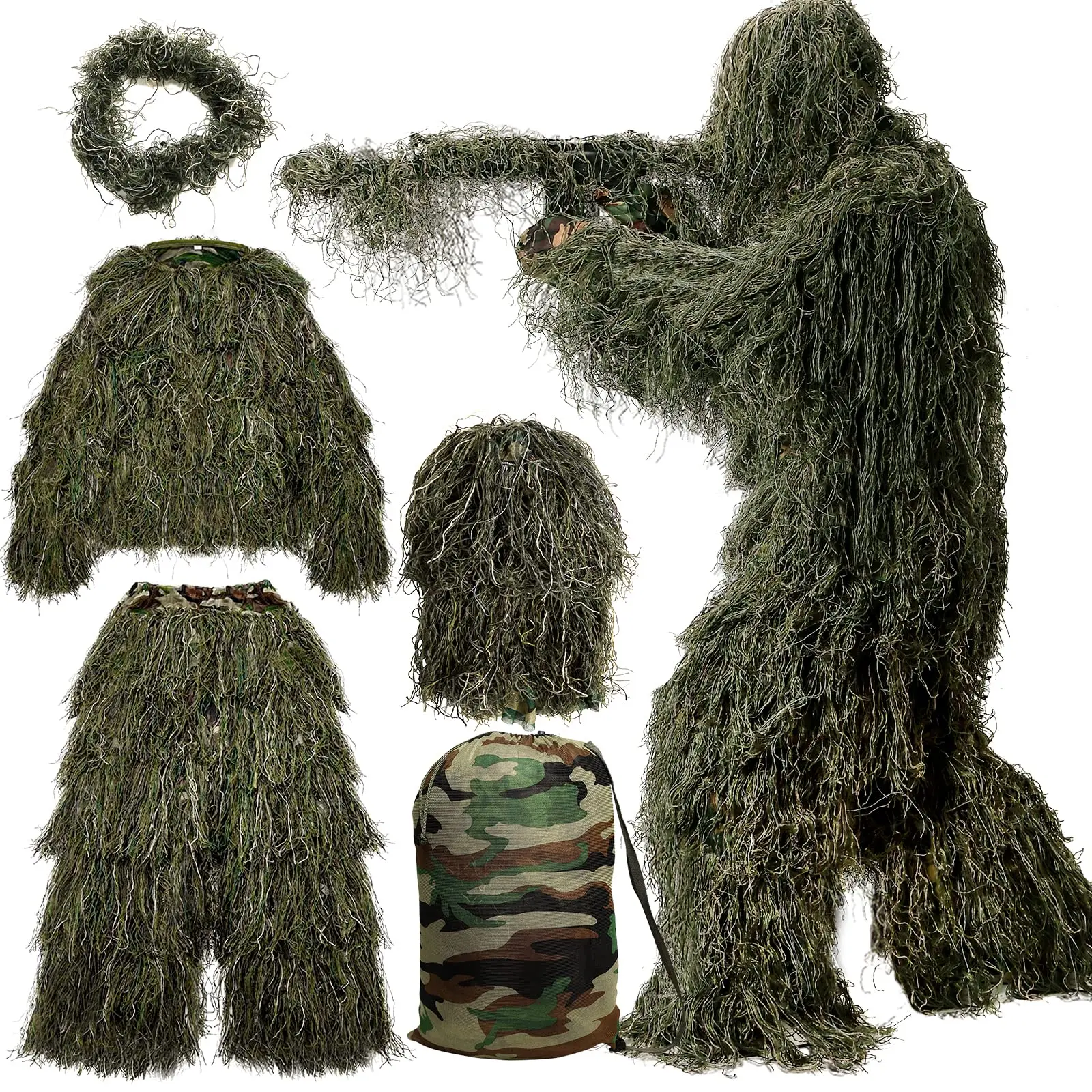 #DealsForYouDays Naudacaa Ghillie Suit 3D Camouflage Hunting Apparel 5 in 1 Set with Jacket Pants Hood Carry Bag for Men Adult Youth Tactical Equipment Survival Tools