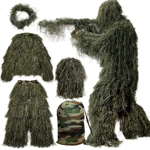 Naudacaa Unisex Adult 3D Camouflage 5-in-1 Ghillie Suit, Outdoor All Seasons Hunting Apparel with 24.41"-35.83" Jacket, 31.5"-45.28" Pants, Gun Wrap-Ready Hood, Carry Bag for Tactical Wildlife Stalking, Halloween (X-Large/XX-Large)