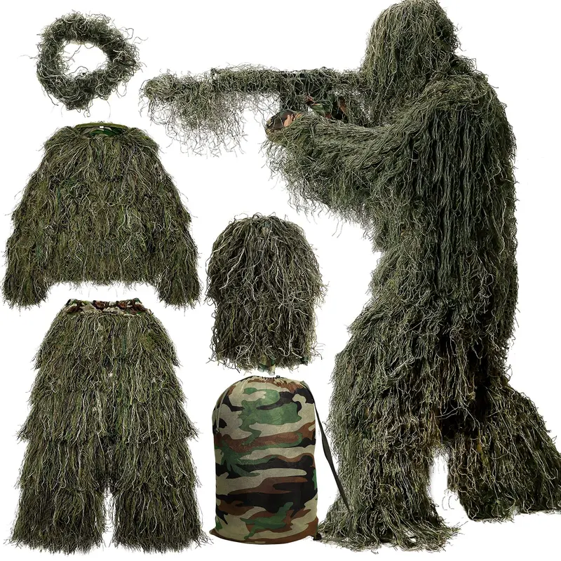Naudacaa Unisex Adult 3D Camouflage 5-in-1 Ghillie Suit, Outdoor All Seasons Hunting Apparel with 24.41"-35.83" Jacket, 31.5"-45.28" Pants, Gun Wrap-Ready Hood, Carry Bag for Tactical Wildlife Stalking, Halloween (X-Large/XX-Large)