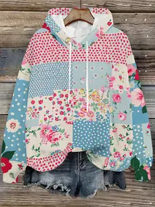 Women's Floral Patchwork Hoodie, Polka Dot & Flower Print Casual Sweatshirt, Long Sleeve Drawstring Pullover