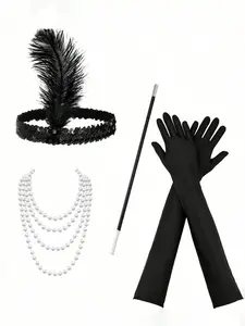 1920s Women's Party Makeup Ball Headpiece Earrings Feather Hair Accessory Set, Elegant Sexy High-End Four-Piece Kit for Halloween Parties