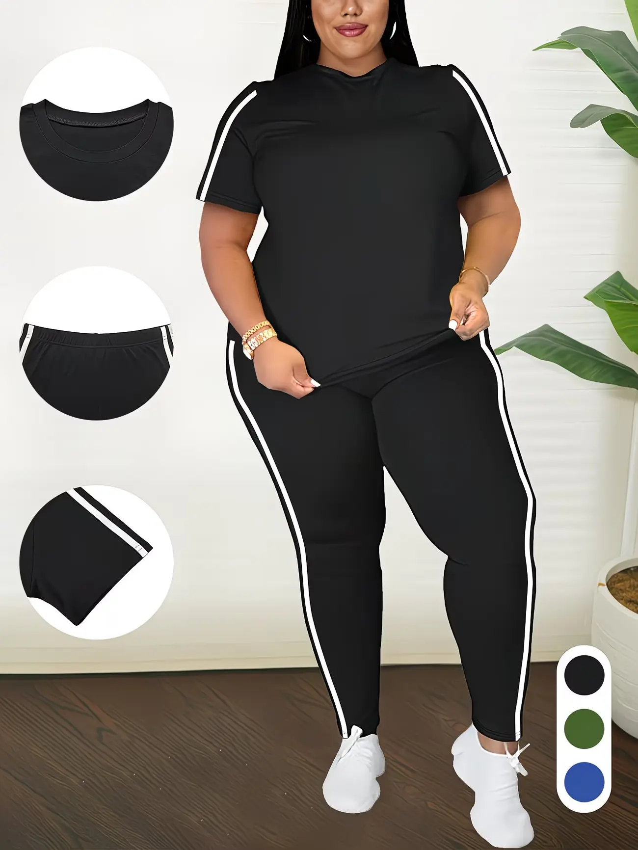 Women's 2-Piece Tracksuit Set - Relaxed Fit Round Neck Short Sleeve Top and Side Stripe Polyester Joggers for Summer Lounging, Short Sleeve Tops, Polyester Fabric, Women 2 Piece Sets, Short Sleeves