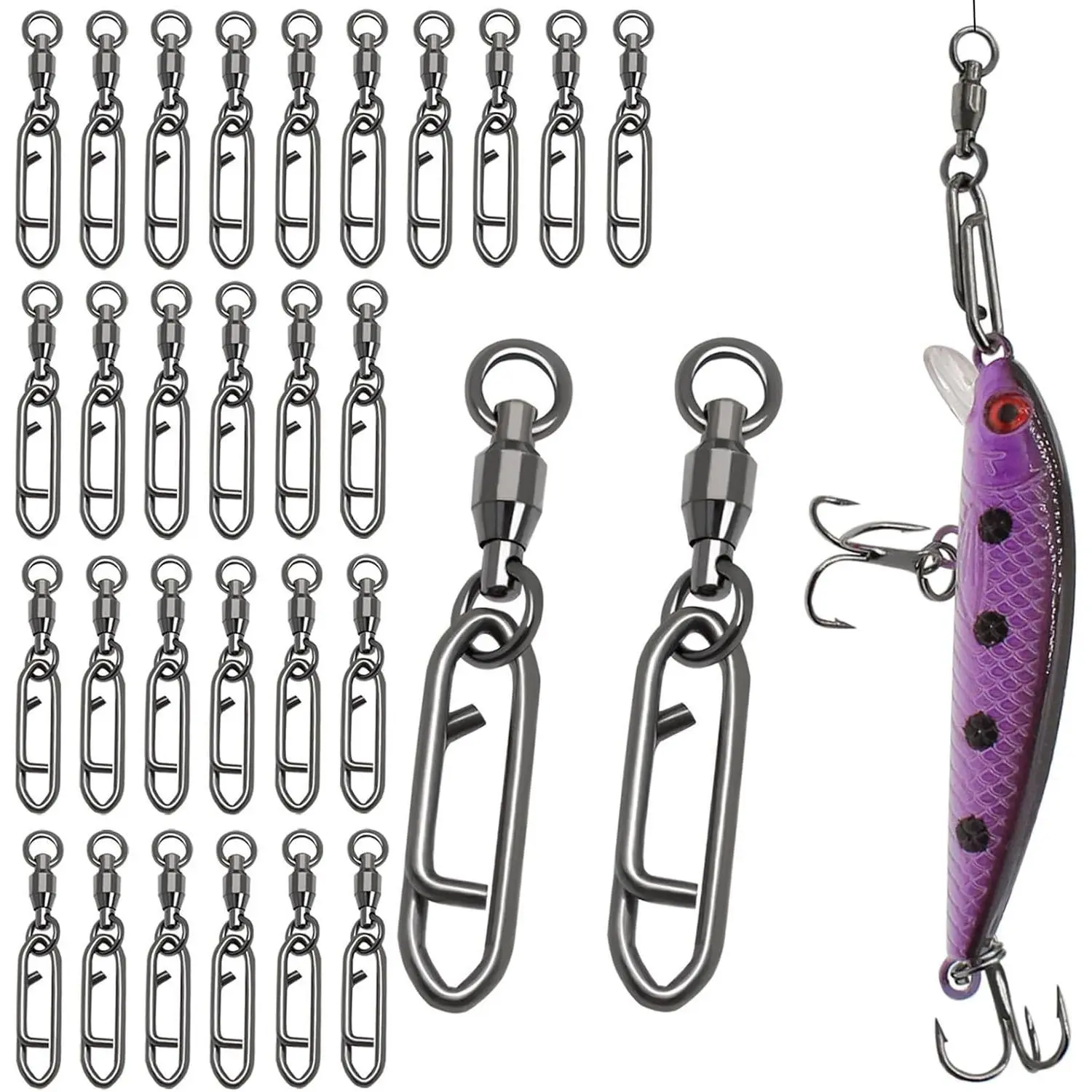 30pcs Fishing Swivels Double Locking Ball Bearing Swivels, 33lb Stainless Steel Barrel Swivels with Double Locking Fishing Tackle for Saltwater and Freshwater Fishing