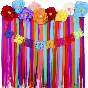 16-Piece Mexican Paper Flower Set Mexican Party Decorations: Fringe Backdrop & Paper Cutout Flags Mexican Carnival Party Decorations Set May Day Party & Wedding Decorations (Classic Style)
