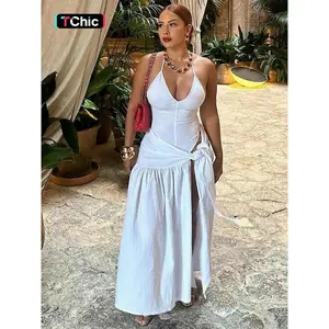 Women's Solid Backless Cami Bodysuit & Split Thigh Skirt Two-piece Set, Sexy Fashion Casual Halter Neck Bodysuit & Tie Front Plicated Skirt for Daily Outdoor Wear, Ladies Clothes for All SeasonsGift