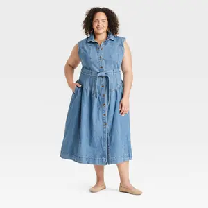 Women's Tie-Waist Midi A-Line Dress - Universal Thread Indigo 17