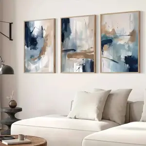 3pcs Abstract Artistic Navy Blue Geometric Canvas Prints Minimalist Ink Painting Landscape Wall Art Hanging Painting Modern Living Room Home Decoration Frameless Posters Photo