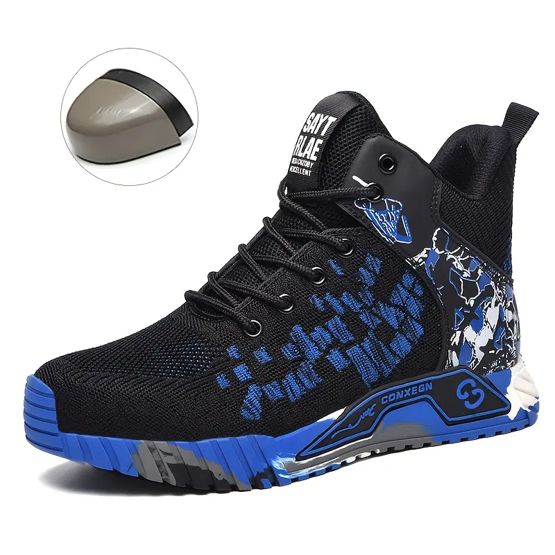Men's Safety Work Boots, High Top Casual Street Style Walking Shoes with Safety Toe, Slip-Resistant Rubber Sole for All-Season Industrial Wear, Rock, Male, Striped, All-Season Wear, Solid, Lace-Up Closure, Round Toe Cap