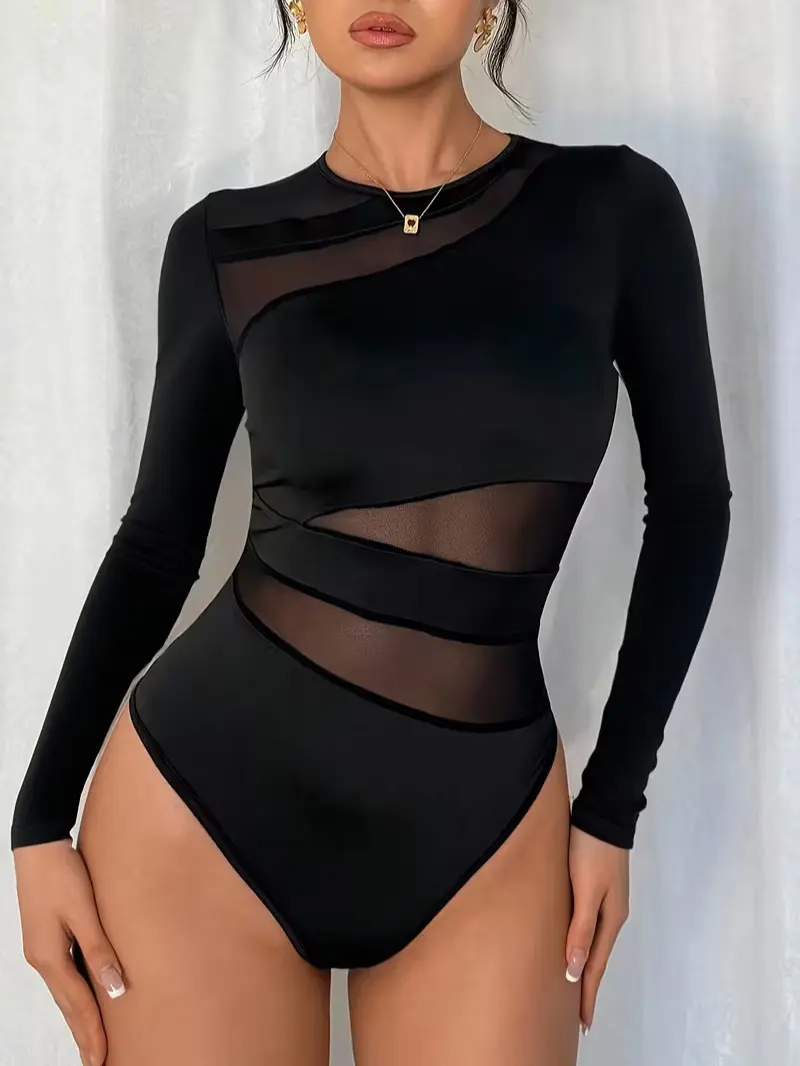 Women's Long-Sleeve Black Mesh Bodysuit - Sexy Sheer Longsleeves Top, Fashionable Bodysuits for Going Out, Bodysuit For Women