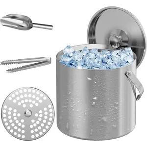 Ice Buckets for Parties 3L Insulated Ice Bucket with Lid Ice Tong Ice Scoop and Strainer for Cocktail Bar Portable Stainless Steel Double Wall Keeps Ice Cold&Dry for Home Bar Beer Champagne