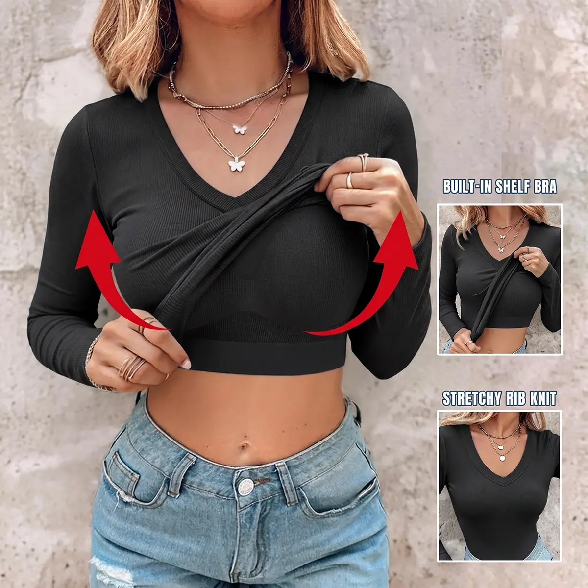 CHICME Women's V Neck Long Sleeve Ribbed Knit Top Slim Fit Base Layer Shirt Soft Stretchy Casual Tee with Built-in Bra