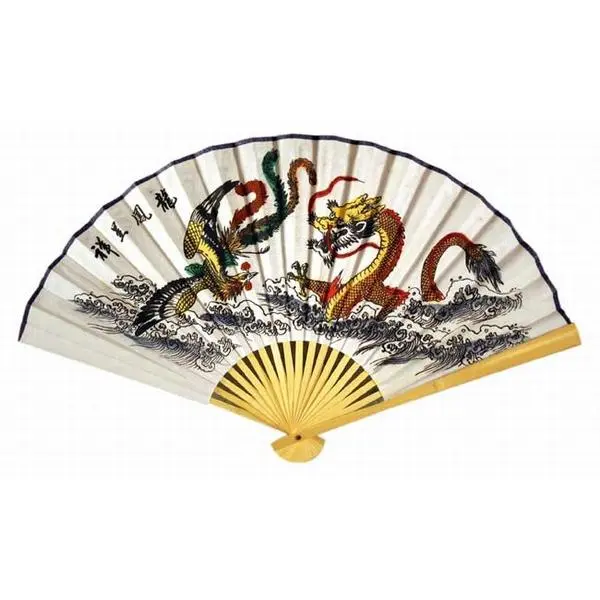 Thy Home 20-in Handmade Bamboo Wood Hanging Wall Fan - Handpainted Vibrant Traditional Motifs, Classic Chinese Artistic Design, Auspicious Fengshui Ornament, 20-in Folded, 35-in Open, White Dragon & Phoenix Collector’s Piece for Living Room Decor Accent