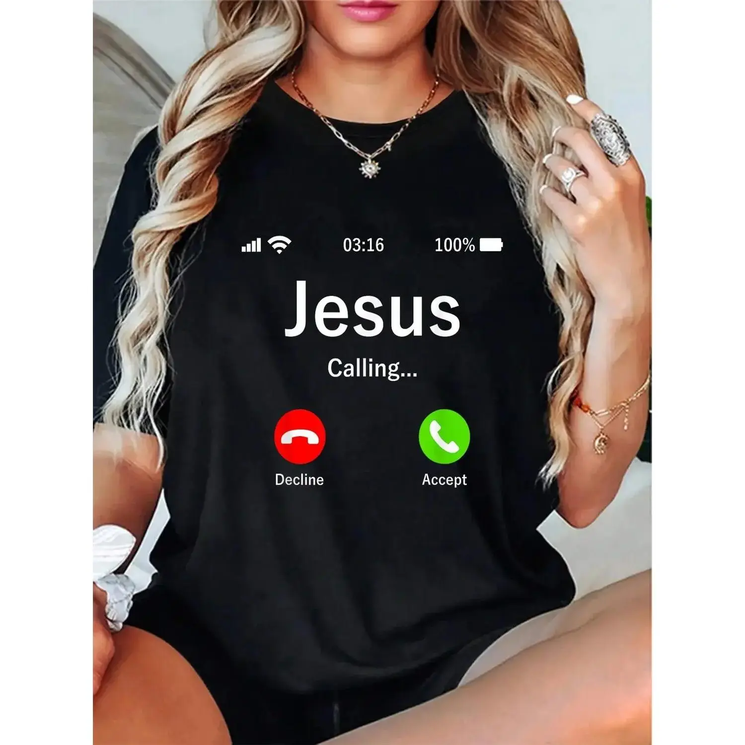 Women's "Jesus Is Calling" Christian Graphic T-Shirt, Casual Streetwear Short-Sleeve Round Neck Fitted Tee in 100% Cotton