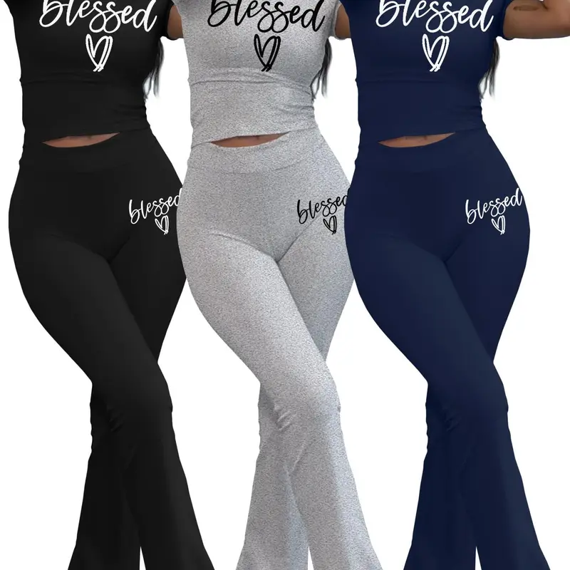 Women's Letter Print Fitted Crop Top & Flare Leg Pants Set, Casual Short Sleeve Tee & Bell Bottom Trousers for Daily Wear, Ladies Summer Clothes, Womenswear
