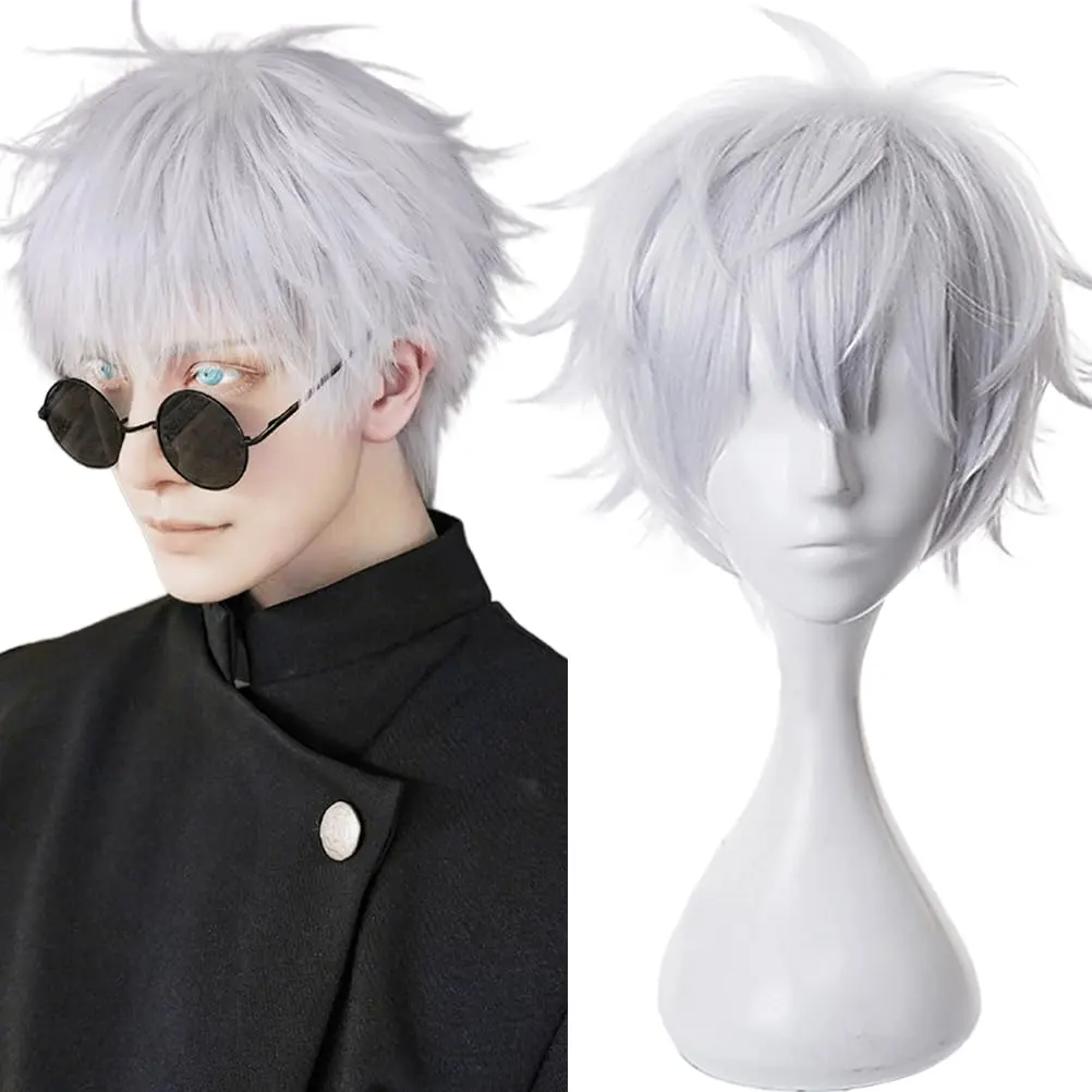 Synthetic Cosplay Wig for Men - Anime Silver White Short Straight Hair, 5t5 Qi Frey Role, White Cat Sorcerer Style with Sturdy Breathable Soft Smooth Magic Witch Hat, for Halloween, Christmas Parties