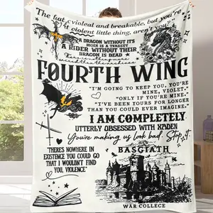 Dragon Pattern Blanket, Stylish Blanket，The theme illustration of the fourth wing, featuring a black-and-white artistic design of dragons, knights, castles and classic lines of dialogue，Suitable for giving as gifts to friends, children and parents