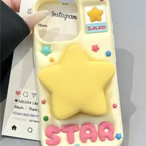 Slide-Out Mirror Yellow Star Stand Smartphone Case - Soft Casing Cover Protector for Apple iPhone 17/16/15/14 Pro Max, Handheld Dopamine Niche Japanese-Korean Stylish Summer Outdoor Leisure Accessories for Cellphone Devices