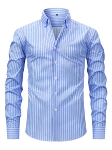 Men's Classic Striped Long Sleeve Shirt, Business Casual Slim Fit Wrinkle-Resistant, Button-Up Collared Shirt, Office & Daily Wear
