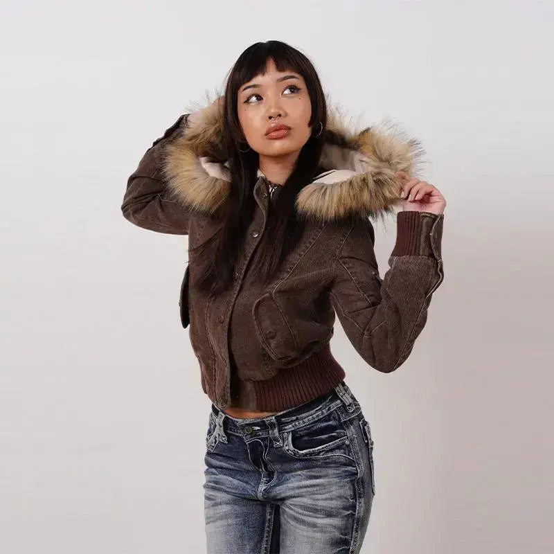 Vintage Brown Short Hooded Jacket Women's Full Sleeve Slim Detachable Fur Collar 2025 NEW Winter  Autumn Female Outerwear Can be used with a raincoat