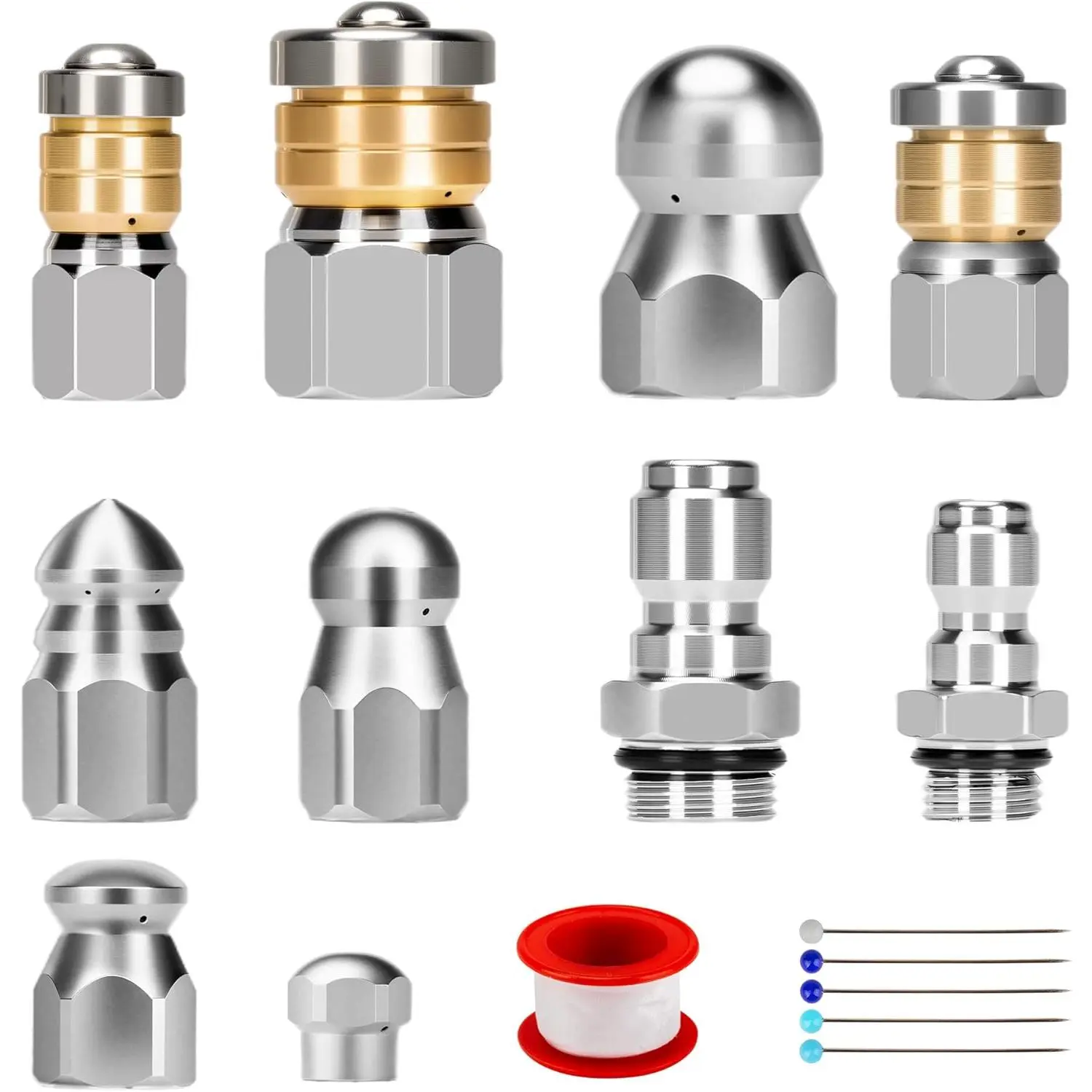 10-Count Stainless Steel Sewer Jetter Nozzle Kit Pack for Residential Users’ High Pressure Washer, 1/4"-&3/8" NPT Quick Connect Fittings, Drain Cleaning Tips for Pipe Systems Up to 5000 PSI