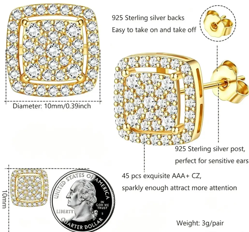 14K Gold-Plated & Silver-Tone Square Cubic Zirconia Stud Earrings for Men & Women – 925 Sterling Silver Posts, 45 Sparkling CZ Stones, Iced-Out Halo Design tarnish-free hypoallergenic gift unique jewelry first choice long lasting casual all-season versati
