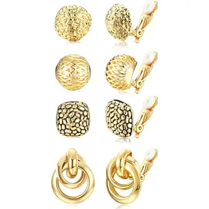 Unisex 4-Pair No-Piercing Clip-On Earrings Set - Vintage Metal-Coated Hoop Earrings Gold, Chunky Geometric Teardrop Twist & Round Studs for Daily Wear