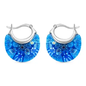 Murano Style Millefiori Glass Hoop Earrings for Women Trendy - Fun Earrings Floral Colorful Flower Statement Hoops, Stainless Steel Everyday Jewelry Teacher Birthday Gifts 11.6g