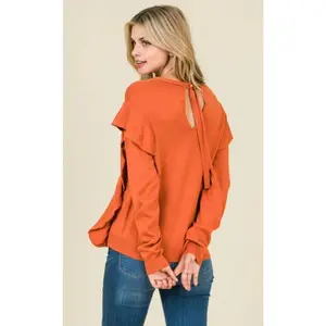 Women's Ruffled Shoulder Sweater in Orange Rust, Comfy Casual Cotton Blend Knit Top with a Back Tie Detail