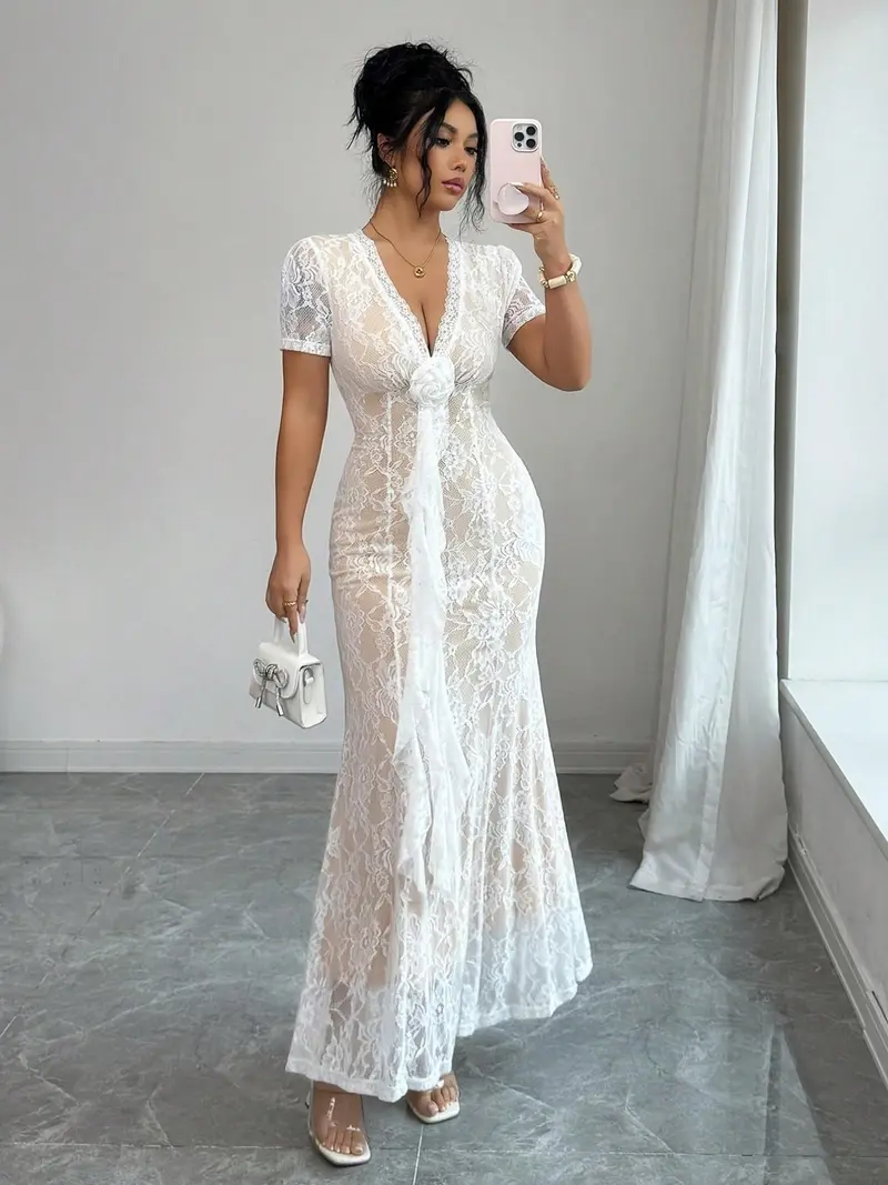 white christmas dresses Simplee Sexy V-Neck Lace Stitching White Dress 2021 Summer New Short-Sleeve Solid Women Dress Casual Fashion Boho A-Line Dress White / L
