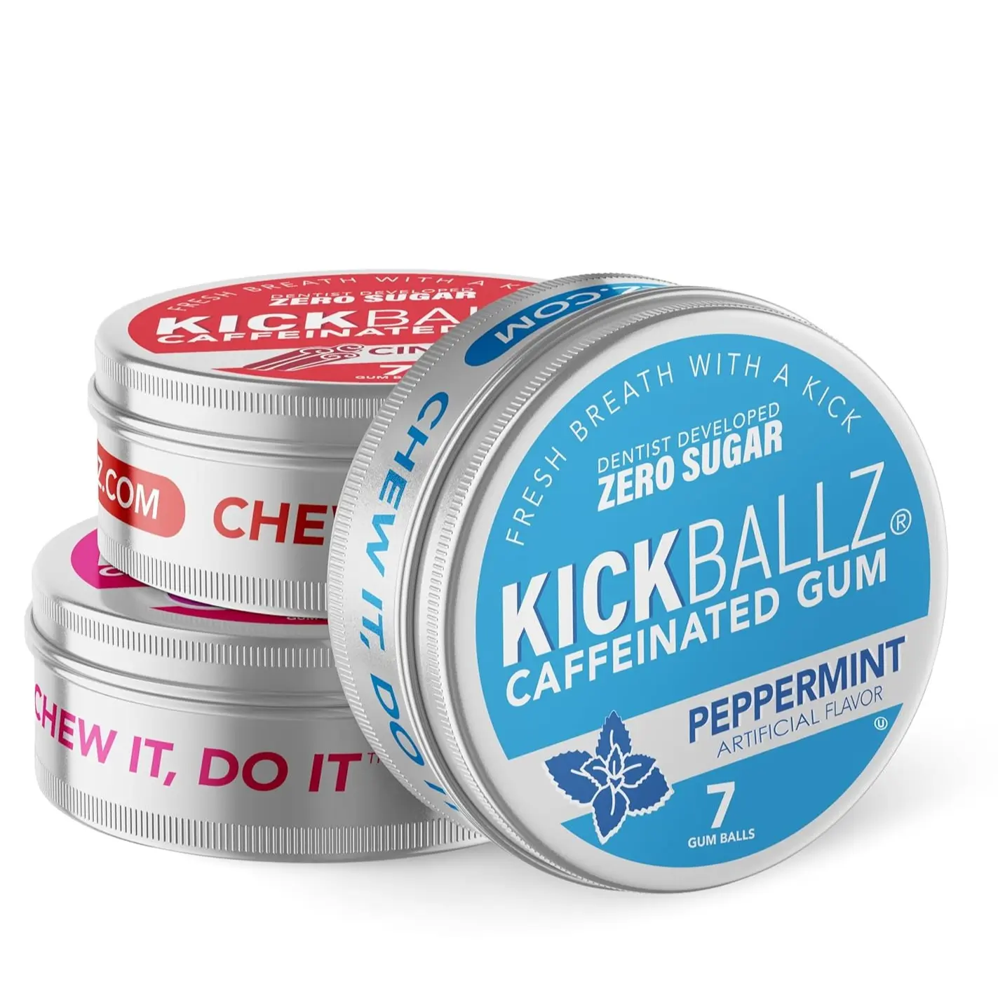 KickBallz Variety Pack Caffeinated Gum – 110mg Fast-Acting Caffeine, Sugar-Free, Dentist-Created, Peppermint/Cinnamon/Variety 3-Tin Pack Beverage