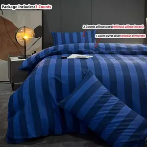 3pcs Deep Blue Striped Bedding Set, Includes 1 duvet cover and 2 Pillowcases, Zipper Design, Soft Fabric, Suitable for All Seasons