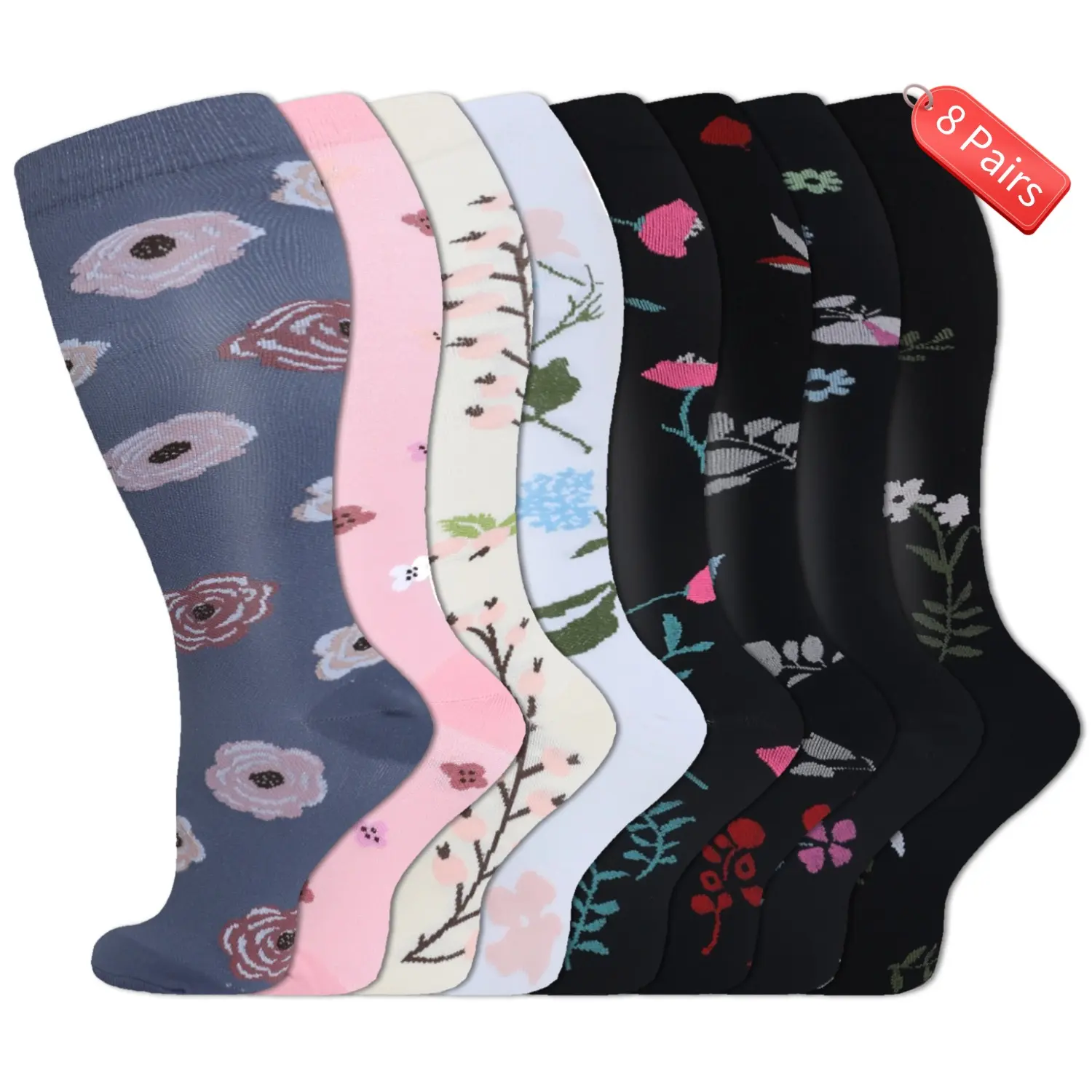 Isunie 8 Pairs Wide Calf Compression Socks for Women&Men Plus Size 15-20mmHg Knee High Large Support Stockings for Circulation