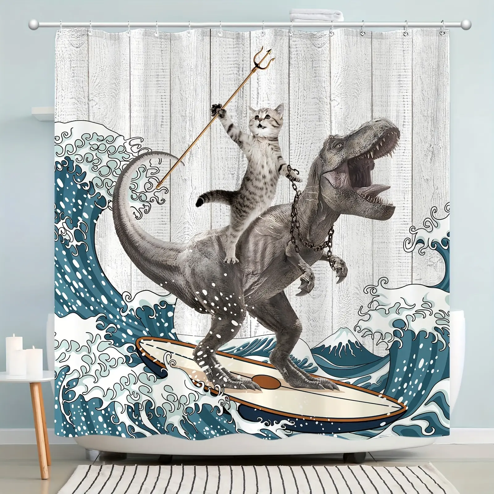 FRANALA Funny Surfing dinosaur ocean shower curtain, fun cat shower curtain, wave bathroom shower curtain set, bathroom set with 12 hooks