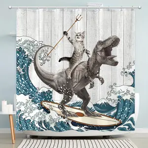 FRANALA Funny Surfing dinosaur ocean shower curtain, fun cat shower curtain, wave bathroom shower curtain set, bathroom set with 12 hooks