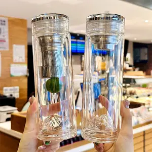 400ml High Borosilicate Double Wall Glass Tea Tumbler, Drinkware, Glass Tumblers, Mountain View Design with Infuser, Food Grade BPA Free Lead Free Heat Resistant Tea Water Separation Brewing Cup, Ideal Gift for Home Office Travel Daily
