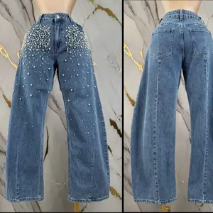 High-Waisted Wide-Leg Jeans with Pearl Embellishments for Women's Fashion
