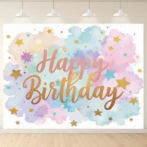 Elegant Happy Birthday Banner Backdrop Tapestry with Watercolor Stars