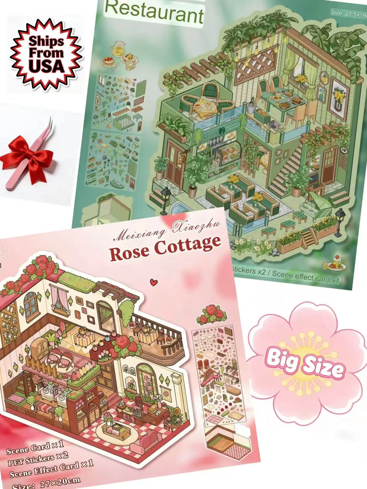 3D miniature world building block stickers, large-sized stickers, including two scenes: Green Fields Western Restaurant and Rose Fragrance Cottage, allowing you to create your own world.