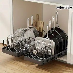 Cookware and frying pan storage rack with pull-up lid storage box, 4 season available lid rack for under cupboards with adjustable baffles, designed for use in kitchen cabinets and baking utensils, Bakeware Organizer Rack, Cooking Utensil Holder