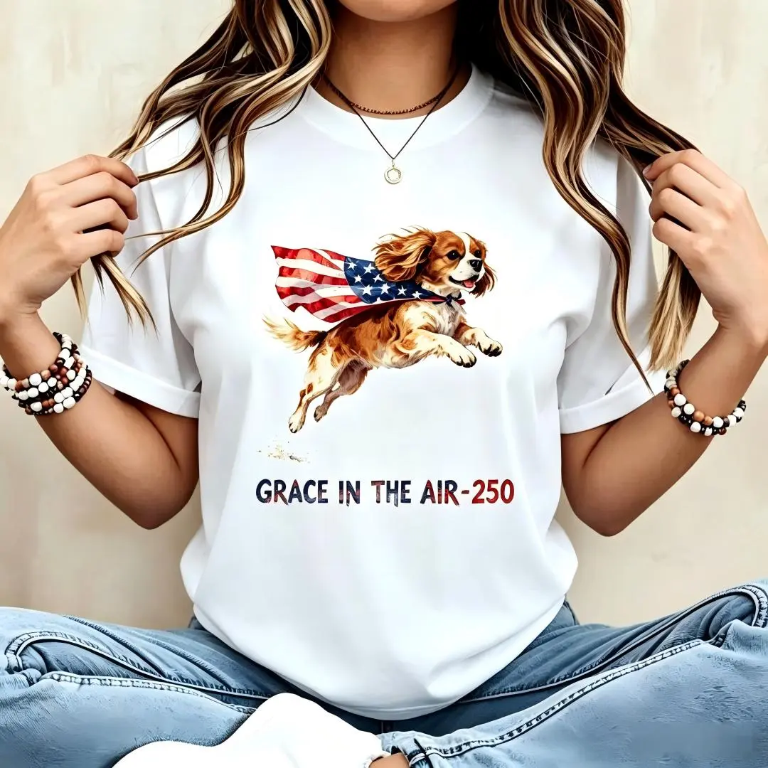 Women's Oversized Unisex Shortsleeve Sports Top - Breathable Lightweight Fabric, Patriotic Flying Cavalier King Charles Dog Print, USA Flag Cape, 1776-2026 USA 250th Anniversary Apparel, Casual Streetwear Loungewear