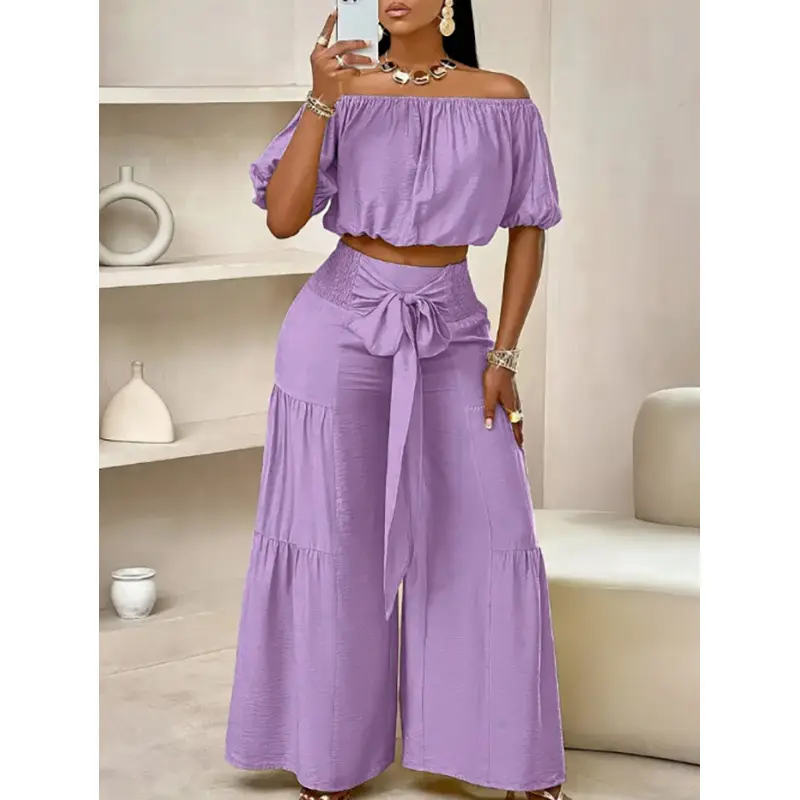 Summer Beach Vacation Bow Shoulderless Round Neck Shirt Wide Leg Pants Set, Casual Loose-Fitting, Women's Fashion.