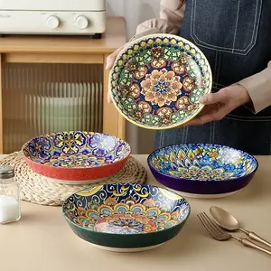 Bohemian Style 4pcs 8inc Exquisite Fine Round Plates, Underglaze Hand-Painted Mandala Floral Multi-Color Dinnerware set, Healthy Fade-Resistant Anti-SlipKitchen dish, Microwave Dishwasher Safe for Home Family Gatherings Fruit Salad Pasta Ceramic Tableware