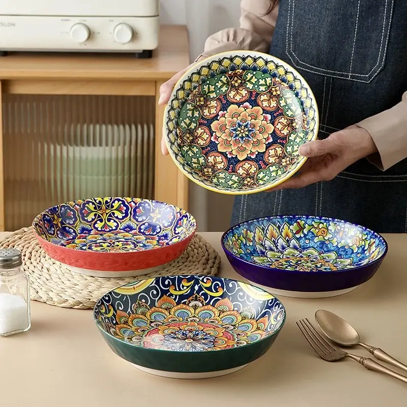 Handmade 4-Piece 8-in Round Adult Bohemian Artisan Dinner Plates Set, Underglaze Hand-Painted Mandala Floral Multi-Color Serving Ceramic Tableware, Corrosion-Resistant, Fade-Resistant, Anti-Slip, Microwave & Dishwasher Safe for Festive Home Gatherings