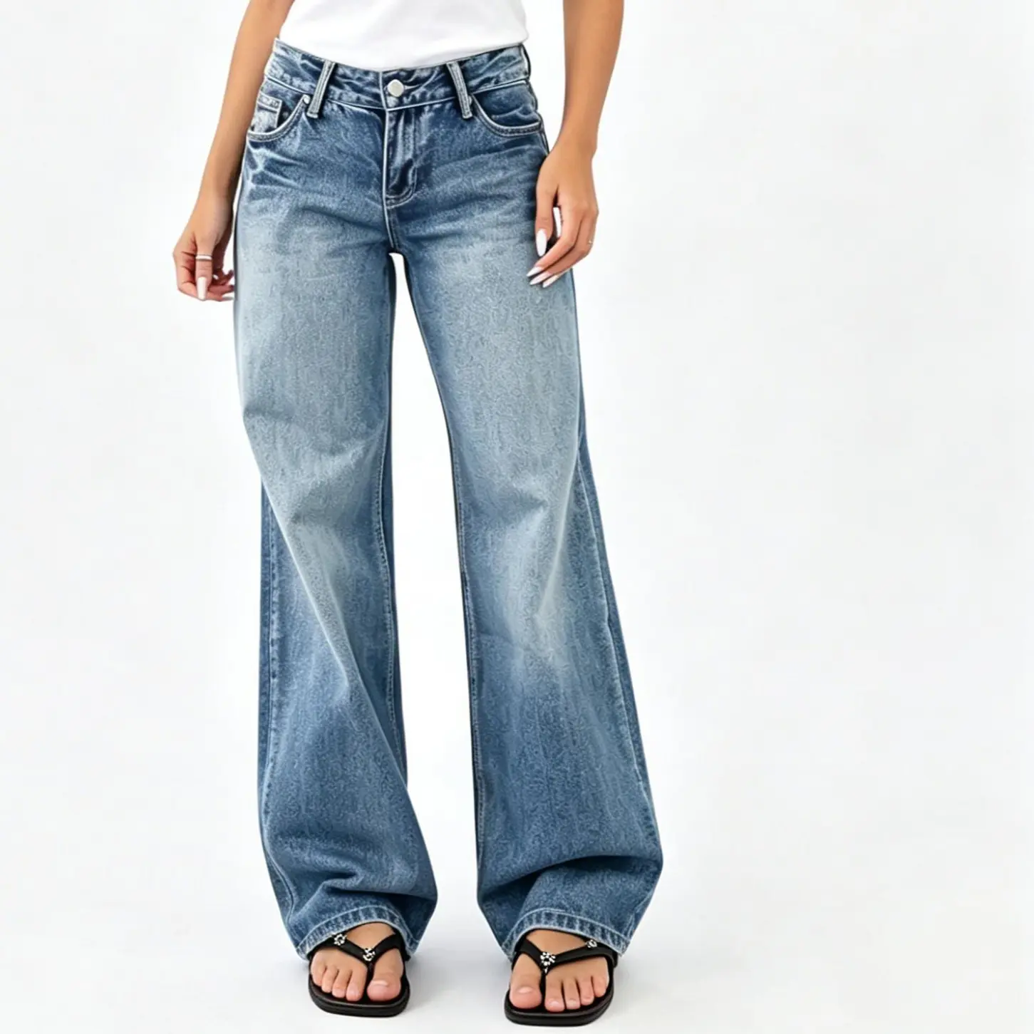 Women's Retro Loose Fashion Jeans Y2K Wide Leg Denim Pants Casual Loose Straight Boyfriend Pocket Jeans button hem Womenswear