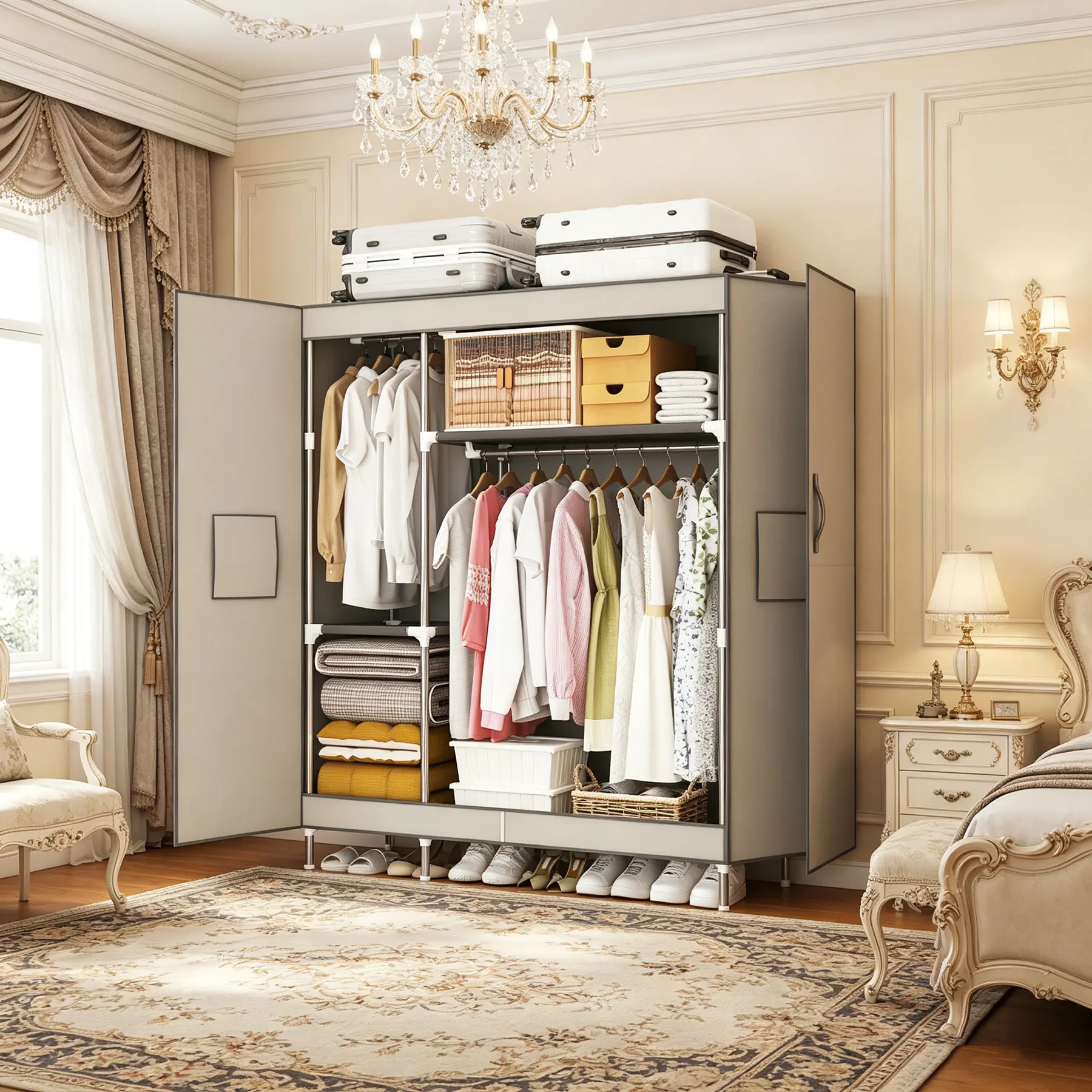 Portable Magnetic Double-Door Non-Woven Fabric Closet Wardrobe - No-Tool Assembly, Freestanding Shelves, Closet Storage, Small Room Ideas, Storage Furniture for Small Space Clothing Organization