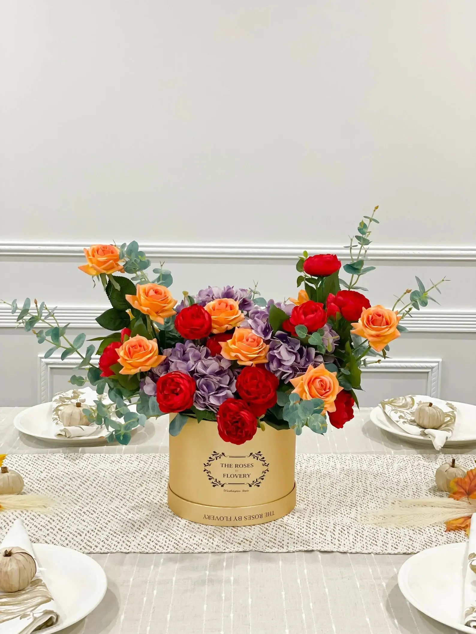 Elegant Multi Flower Centerpiece Gold Arrangement In Flovery Signature Box