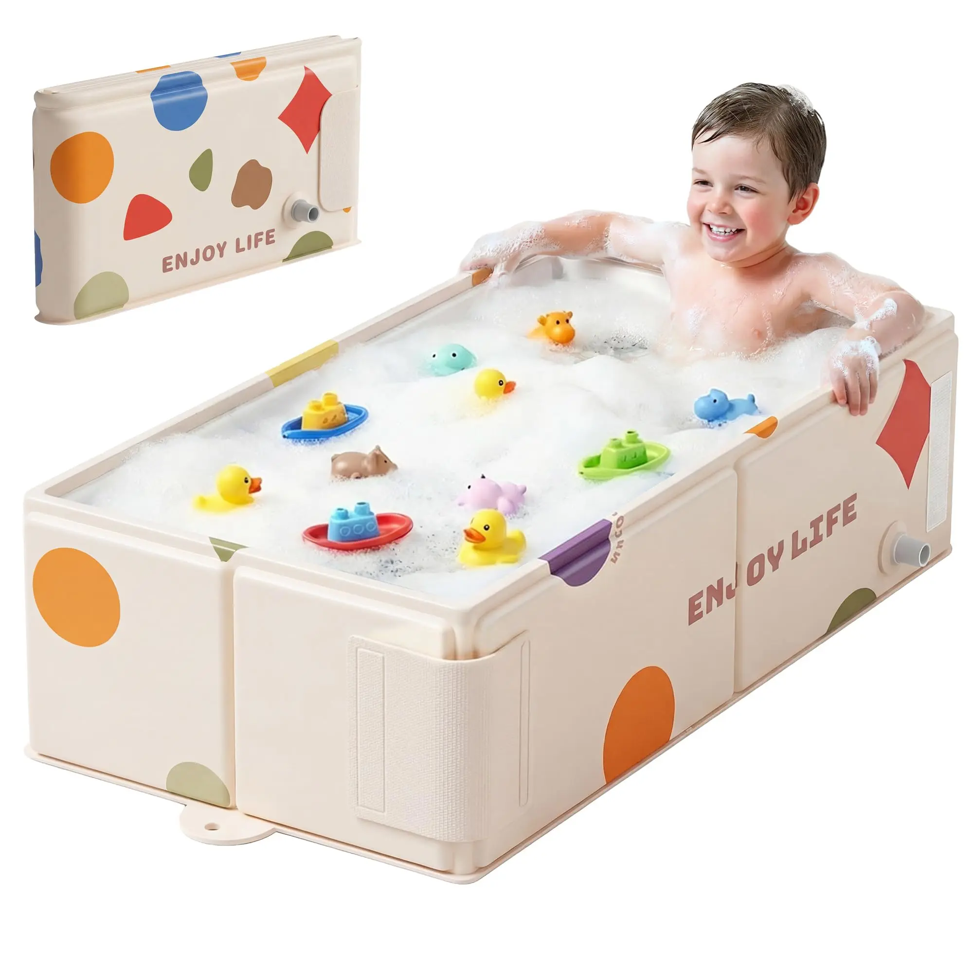 Collapsible Baby Bathtub for Newborn to Toddler, Foldable Toddler Bathtub with Drain Plug, Non-Slip Portable Infant Bath Tub for Travel Storage Outdoor Use, Cream Geometric