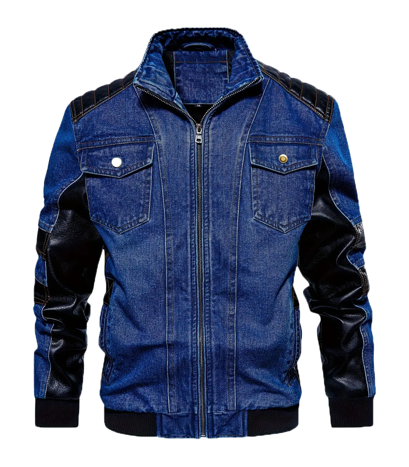 INVACHI Men's Punk Style Patchwork Leather & Faux Leather Motorcycle Biker Jacket with Collared Neck and Zipper Front, Front Zipper, Casual, Basic Collared Neck